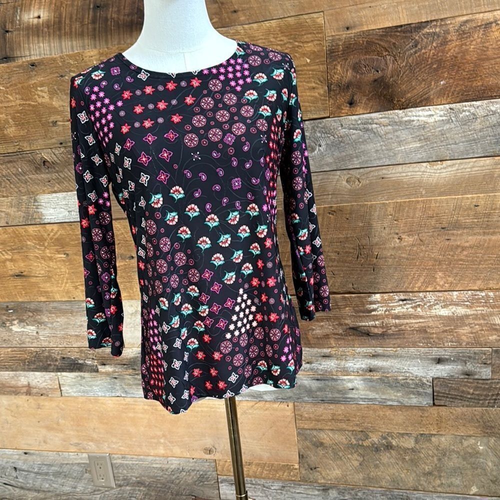 JM COLLECTIONS Printed Jacquard 3/4-Sleeve Top small